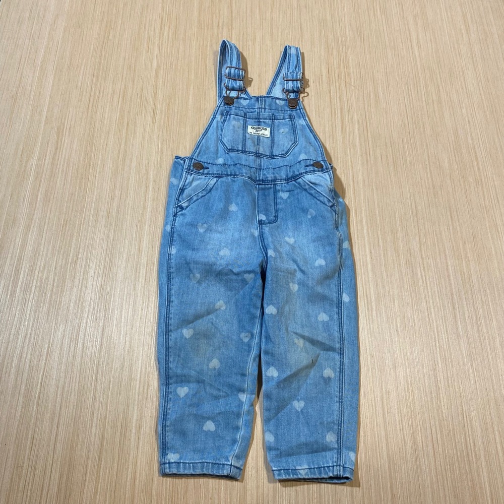 OshKosh Bgosh Girls Blue Heart Print Denim Overalls 2T Light Wash OSH11771-SSI
